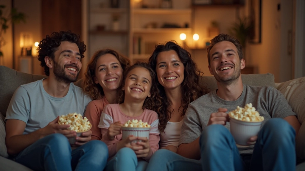 Familie van drie personen geniet van Nederlands film-avond in huiskamer met popcorn en comfort