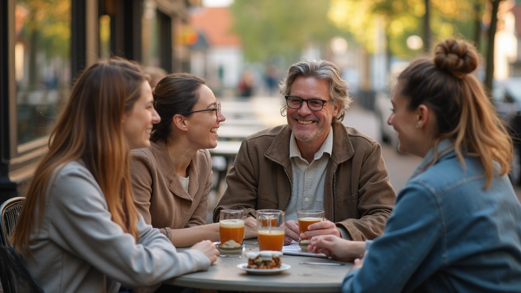 Vrienden praten en lachen in Nederlands café, culturele interactie