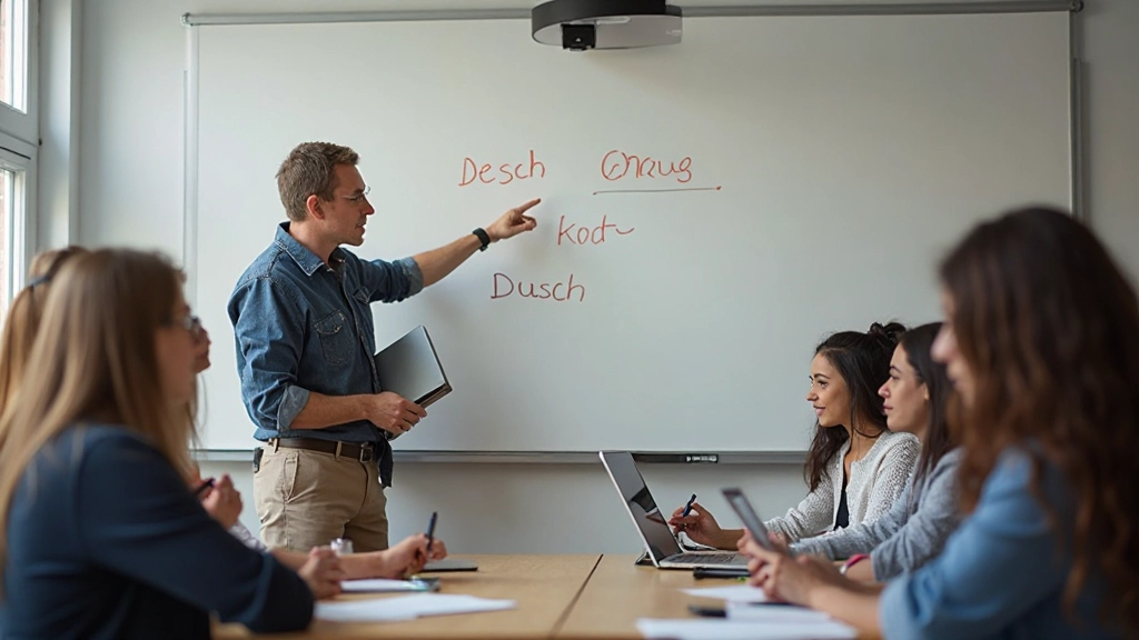 Groep mensen die Nederlands spreken in een moderne klasomgeving met whiteboard