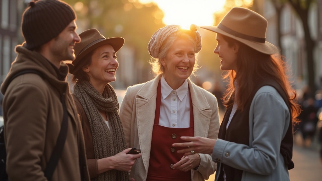 Groep Nederlandse mensen in traditionele kledij die samen spreken en lachen