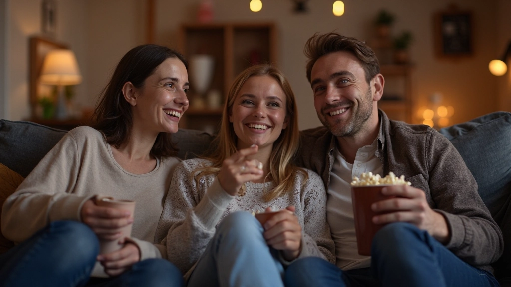 Familie van drie personen geniet van Nederlands film-avond in huiskamer met popcorn en comfort