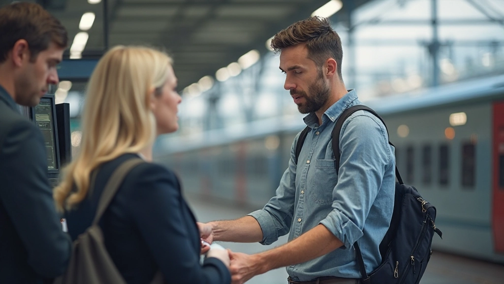 Man die kaartje koopt bij tramstation, interactie met kassamedewerkster in Amsterdam