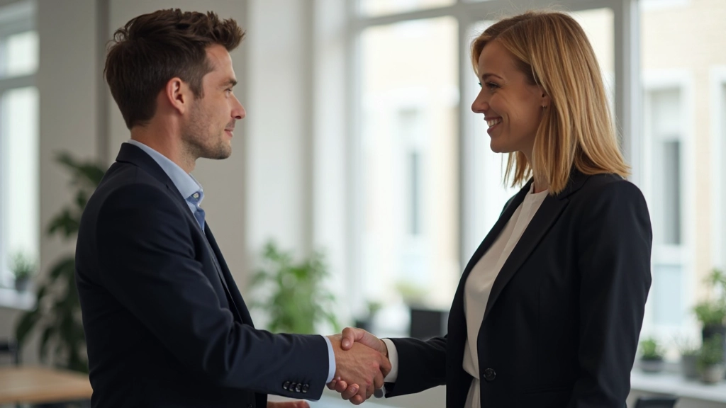 Man en vrouw die elkaar formeel groeten met een handdruk in een professionele Nederlandse werkomgeving