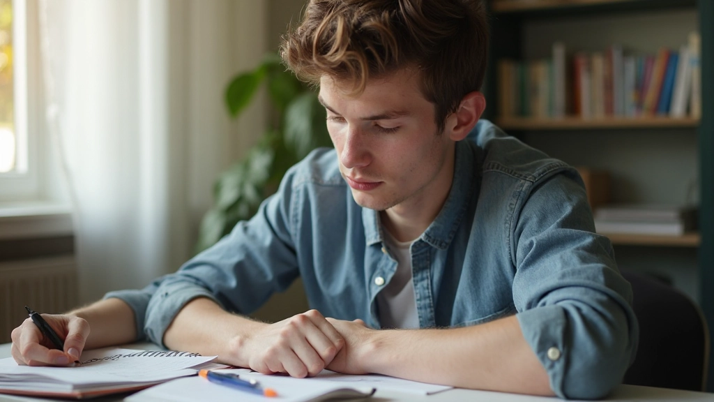 Student voorbereiding op Nederlands examen met boeken en notities aan tafel