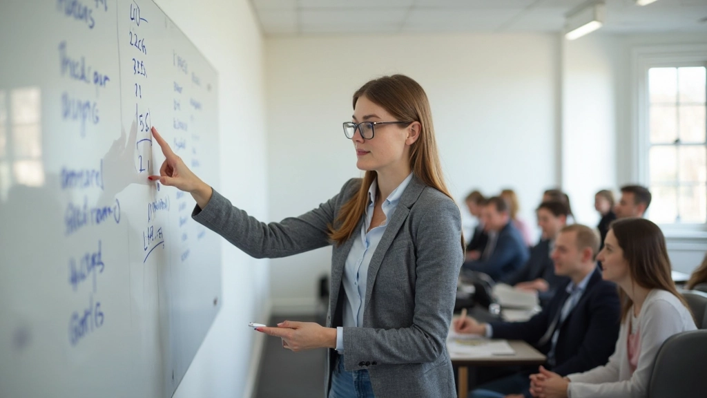 Kind wijst naar getallen op schoolbord terwijl Nederlands juf toekijkt in klaslokaal