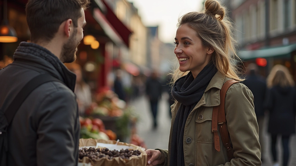 Vrouw die Nederlands spreekt met een verkoper in een lokale markt in Amsterdam, vriendelijk gesprek