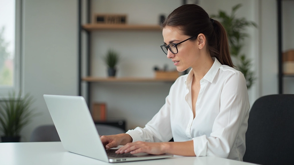 Professionele vrouw die Nederlandse e-mail schrijft op kantoor, concentratie op zakelijke communicatie