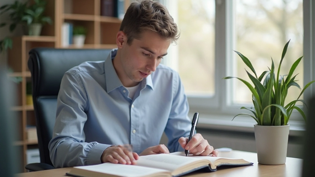Jonge professioneel aan bureau met Nederlands woordenboek en notitieboek, concentratie en studie